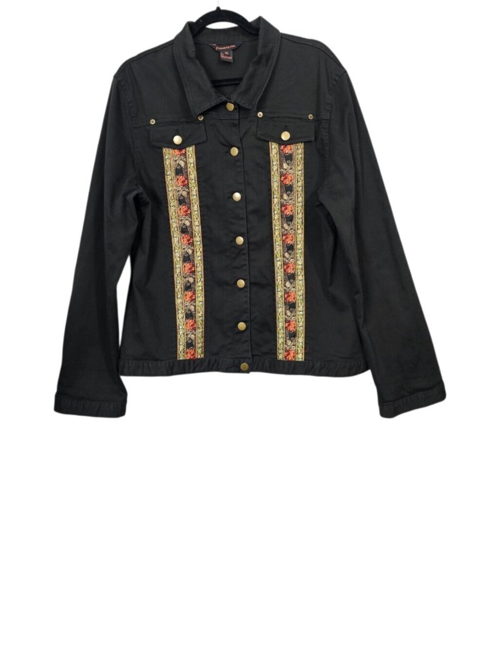 Francesca Rose Denim Black Embroidered Boho Jean Jacket Boho Floral Tapestry XL